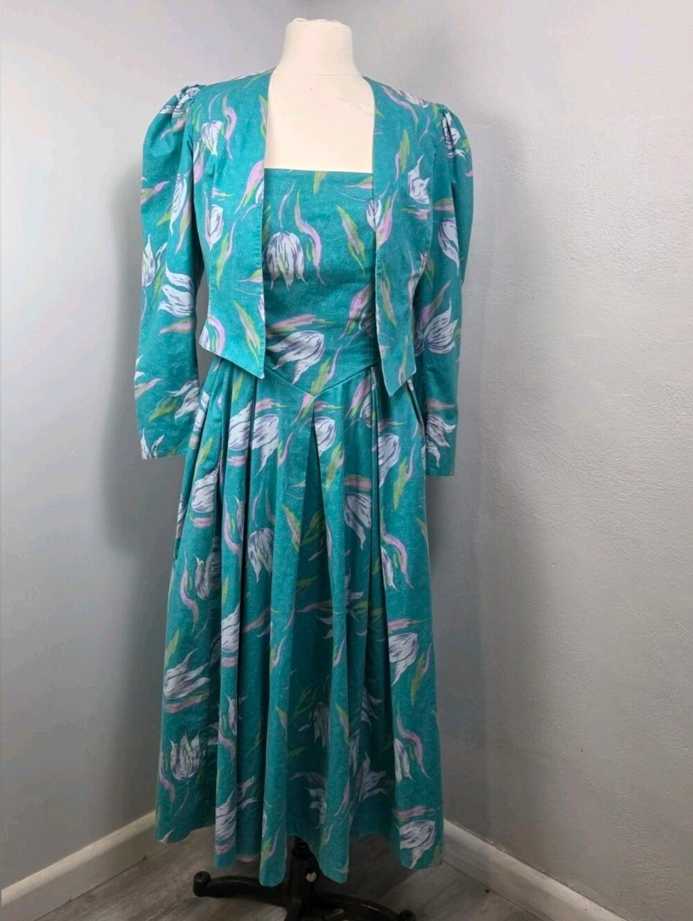 VTG Laura Ashley 2pc Dress Bolero Jacket Teal Tulip Cotton Prairie Cottagecore